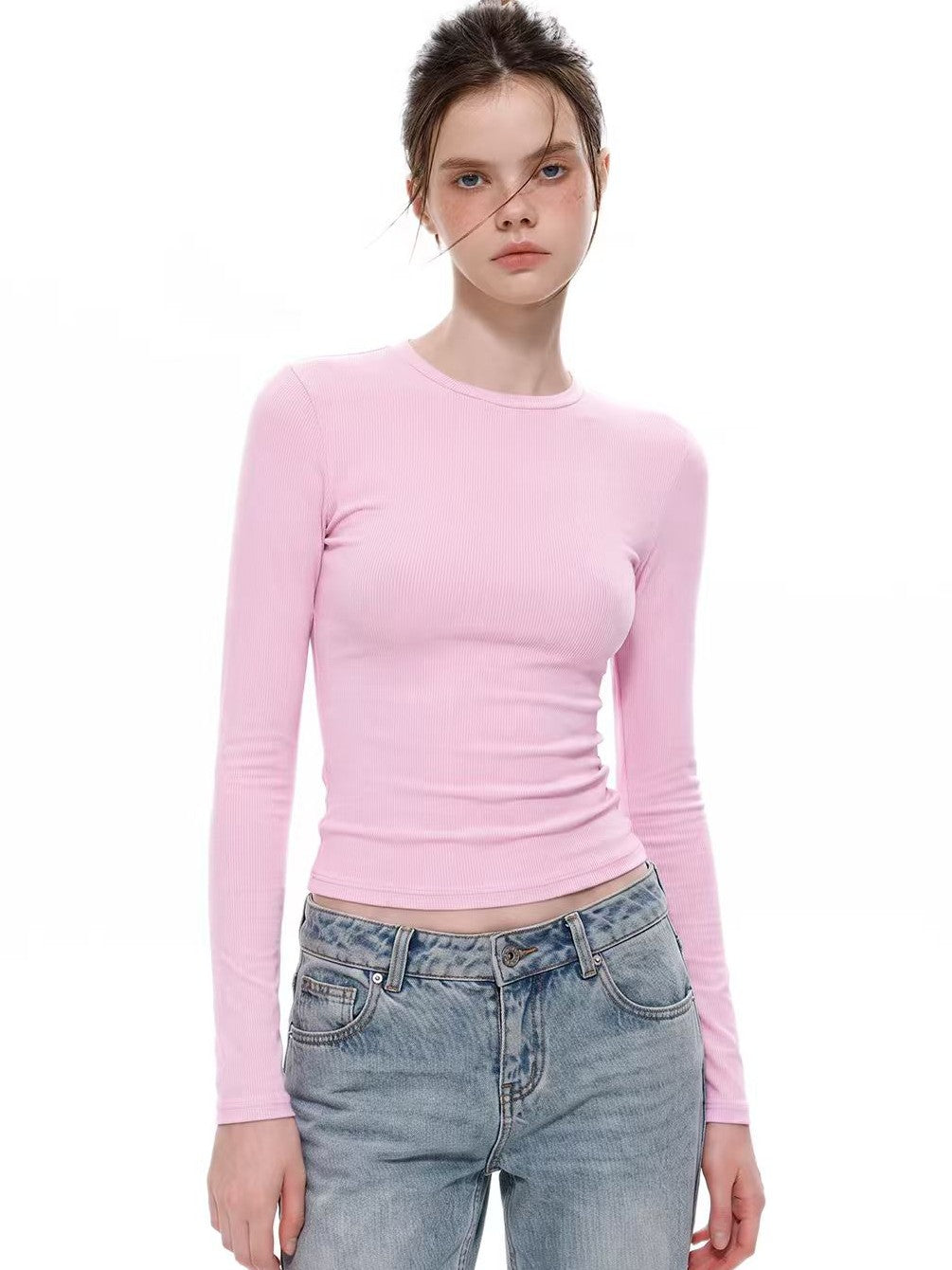 UNCMHISEX White Solid Color Slim Fit Round Neck Women's Long Sleeve T-shirts