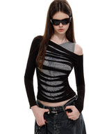 UNCMHISEX Y2k Print Asymmetric Cold Shoulder Slim Fit Women's Long Sleeve T-shirts