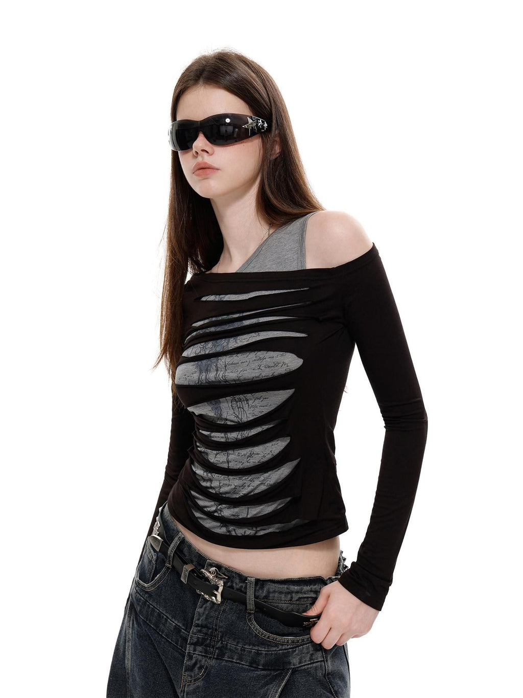 UNCMHISEX Y2k Print Asymmetric Cold Shoulder Slim Fit Women's Long Sleeve T-shirts