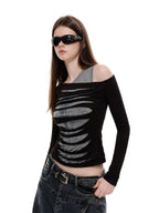 UNCMHISEX Y2k Print Asymmetric Cold Shoulder Slim Fit Women's Long Sleeve T-shirts