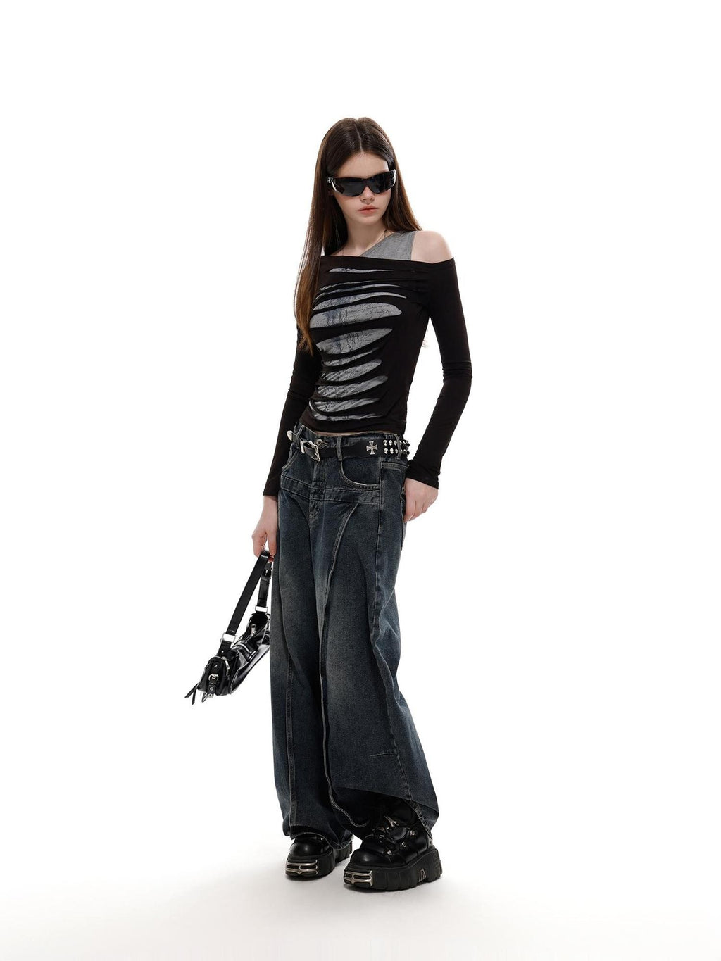 UNCMHISEX Y2k Print Asymmetric Cold Shoulder Slim Fit Women's Long Sleeve T-shirts