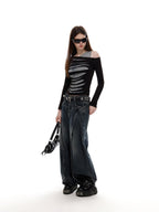 UNCMHISEX Y2k Print Asymmetric Cold Shoulder Slim Fit Women's Long Sleeve T-shirts