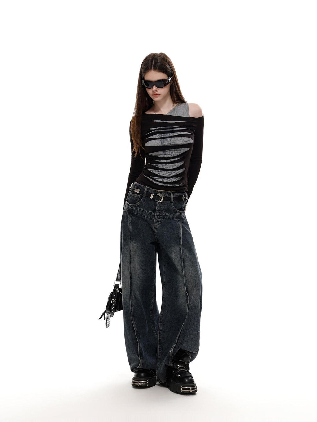 UNCMHISEX Y2k Print Asymmetric Cold Shoulder Slim Fit Women's Long Sleeve T-shirts