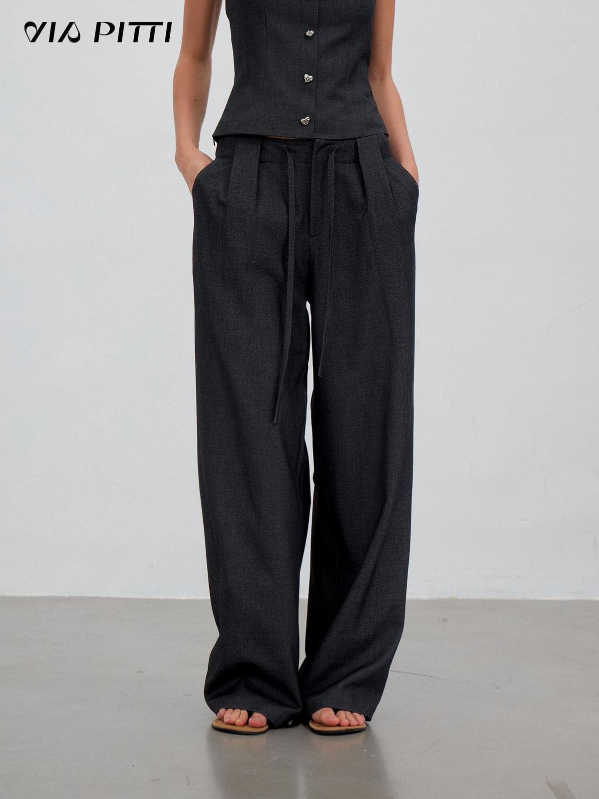 ViaPitti 3d Pleated Drawstring Waist Women's Polyester Wide-leg Pants