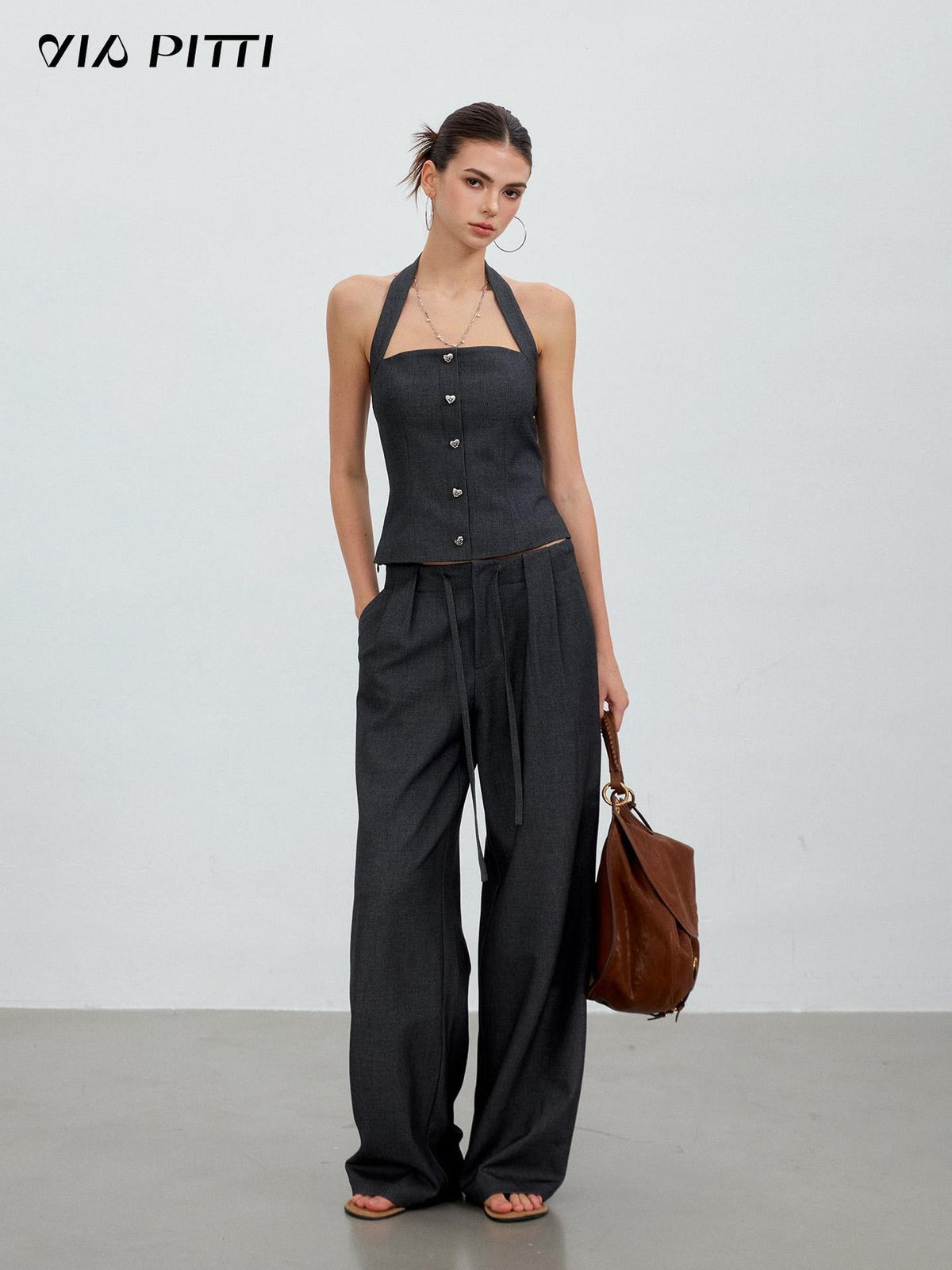 ViaPitti 3d Pleated Drawstring Waist Women's Polyester Wide-leg Pants
