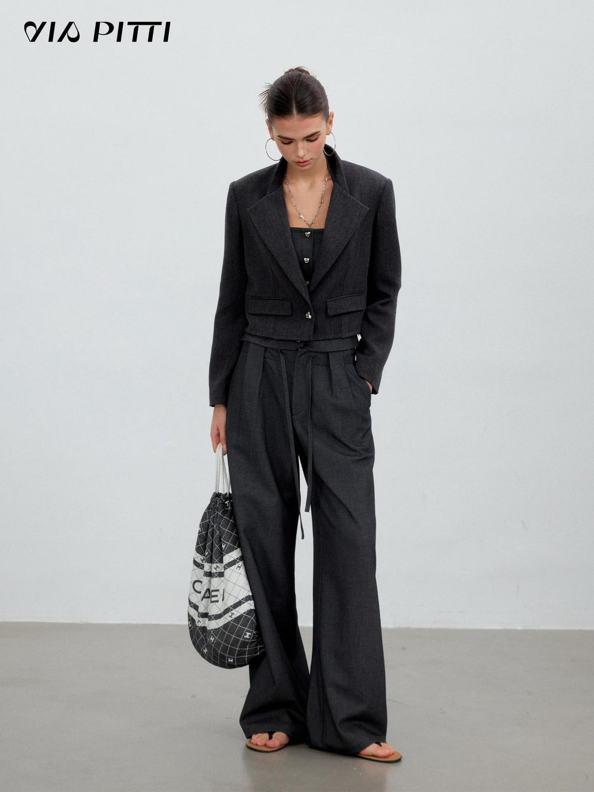 ViaPitti 3d Pleated Drawstring Waist Women's Polyester Wide-leg Pants