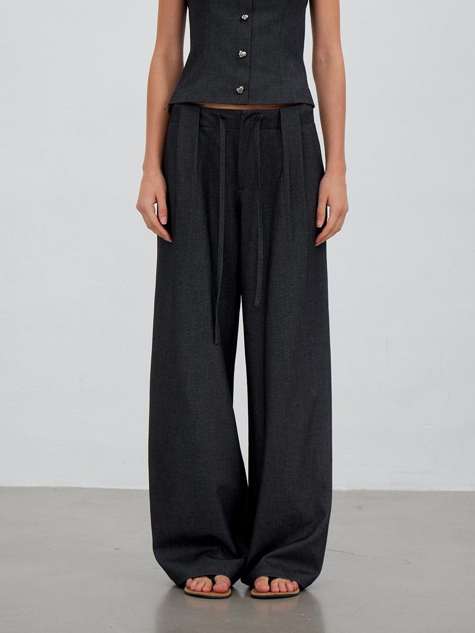 ViaPitti 3d Pleated Drawstring Waist Women's Polyester Wide-leg Pants