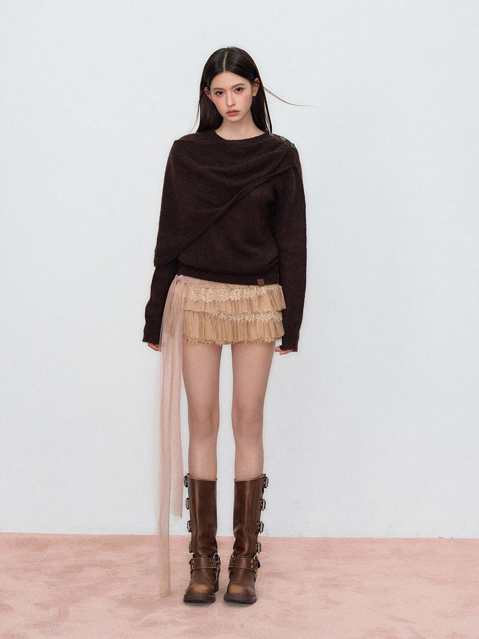 ViaPitti Asymmetric Draped Collar Loose Fit Wool Knit Women's Sweaters
