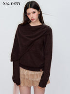 ViaPitti Asymmetric Draped Collar Loose Fit Wool Knit Women's Sweaters
