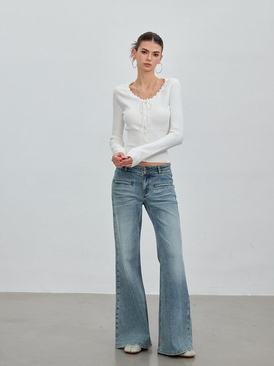 ViaPitti Asymmetric Lace Tie Buttoned Ribbed Slim Women's Viscose Long Sleeve T-shirts