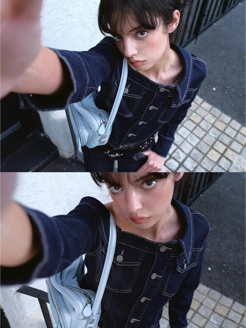 ViaPitti Asymmetric Lapel One Shoulder Slim Cropped Tencel Cotton Women's Denim Jackets