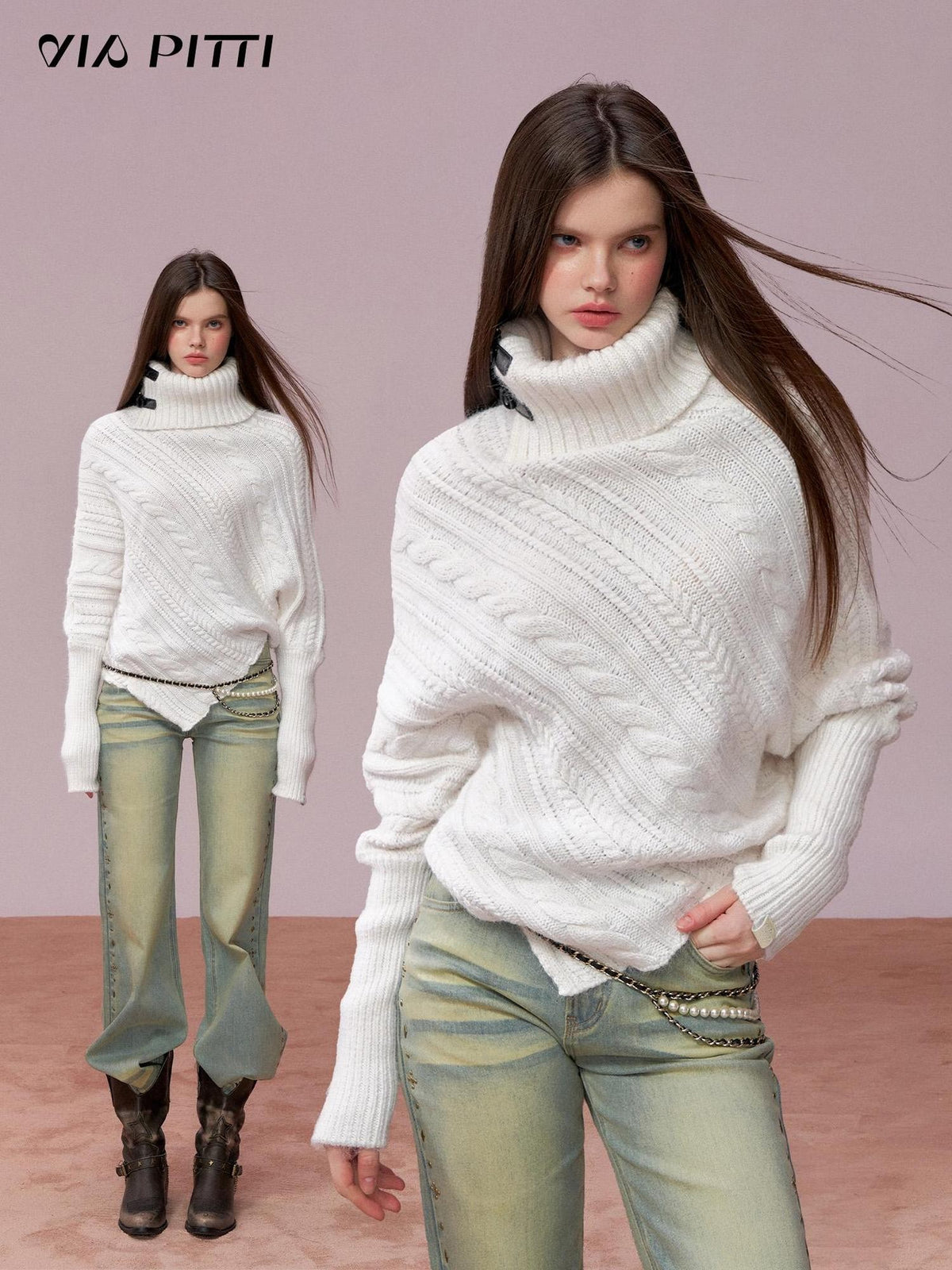 ViaPitti Asymmetric Leather Buckle Turtleneck Thick Cape Women's Cotton Sweaters