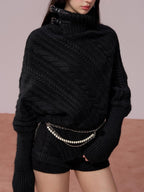 ViaPitti Asymmetric Leather Buckle Turtleneck Thick Cape Women's Cotton Sweaters