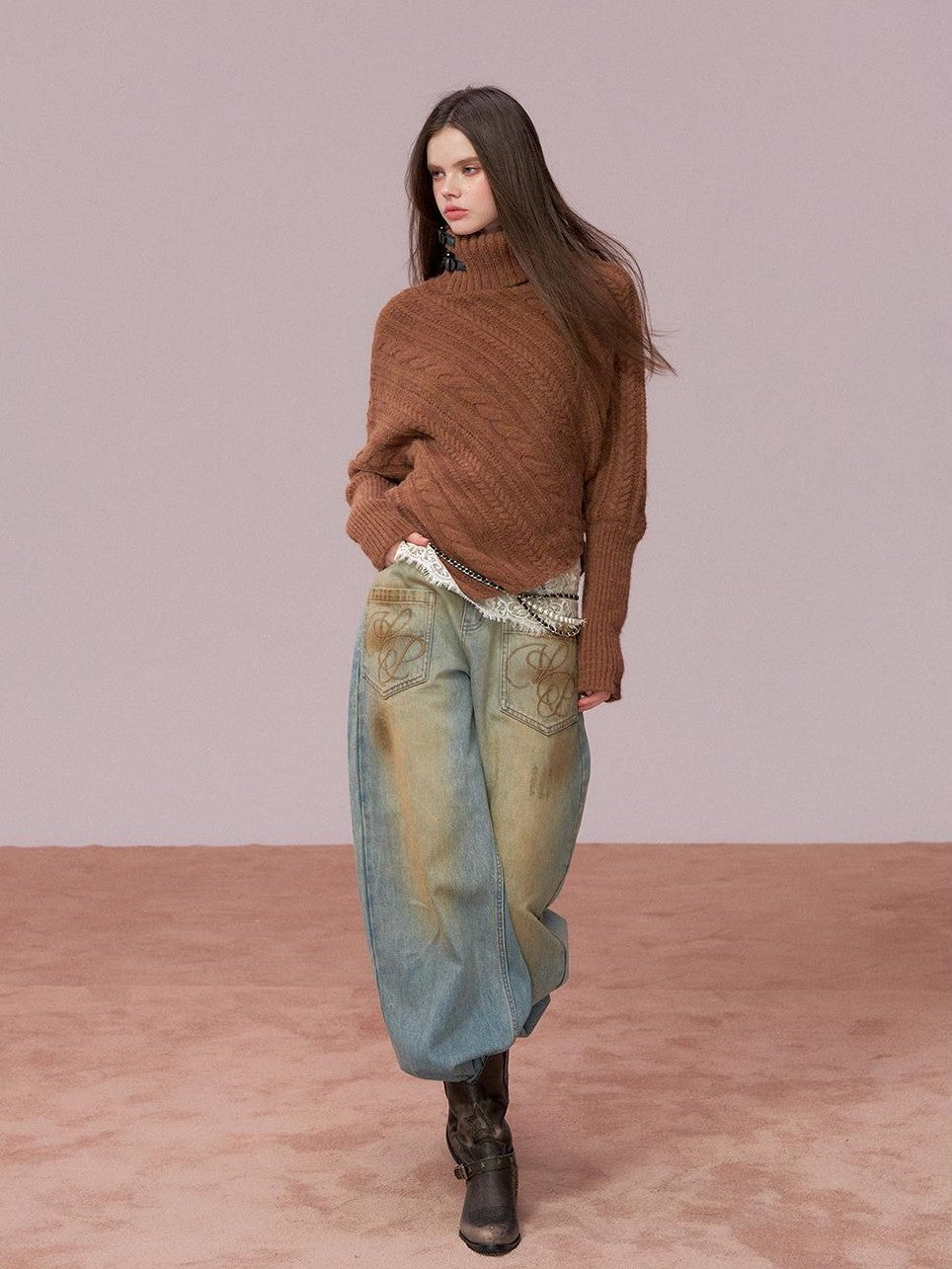 ViaPitti Asymmetric Leather Buckle Turtleneck Thick Cape Women's Cotton Sweaters