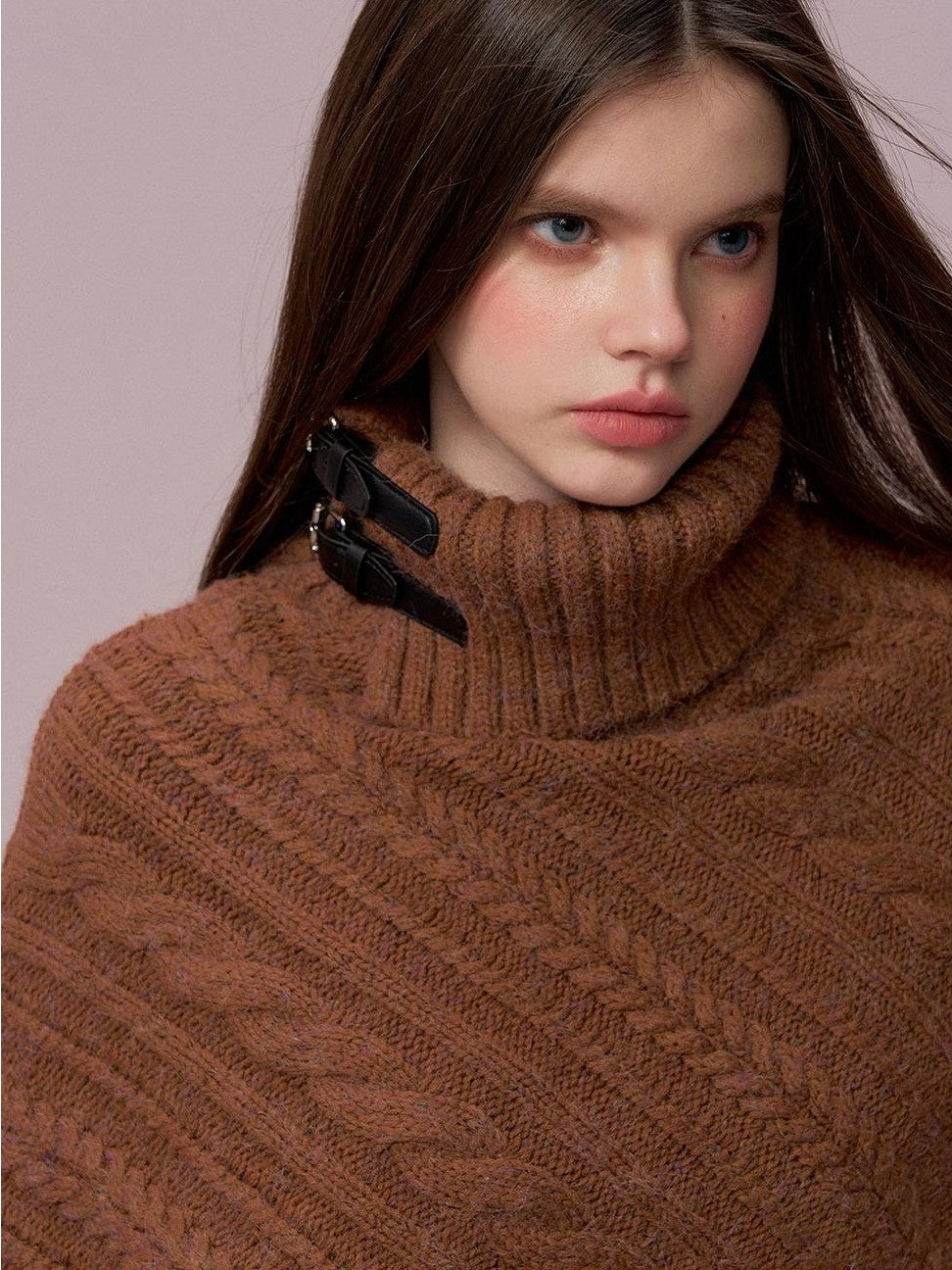 ViaPitti Asymmetric Leather Buckle Turtleneck Thick Cape Women's Cotton Sweaters