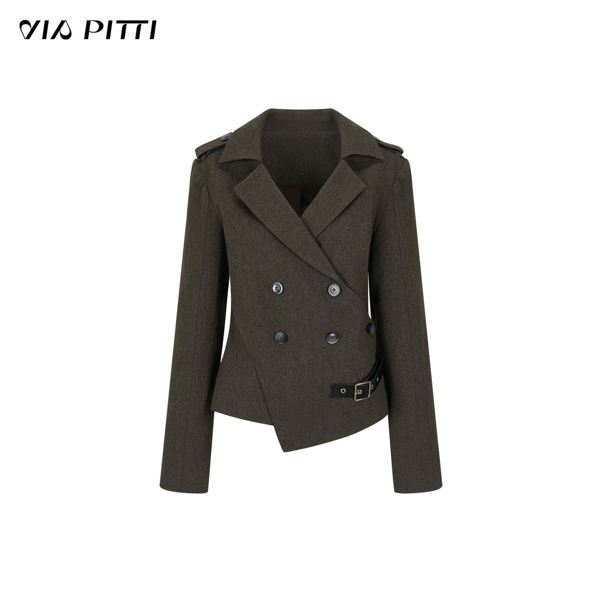 ViaPitti_Asymmetric_Leather_Tab_Diagonal_Placket_Cinched_Waist_Women's_Cotton_Tweed_Jackets_1085692326447_MISSTT