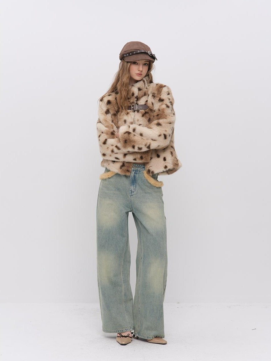 ViaPitti Asymmetric Leopard Print Button Stand Collar Faux Fur Women's Polyester Short Coats