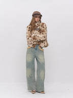 ViaPitti Asymmetric Leopard Print Button Stand Collar Faux Fur Women's Polyester Short Coats