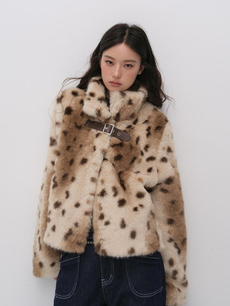 ViaPitti Asymmetric Leopard Print Button Stand Collar Faux Fur Women's Polyester Short Coats