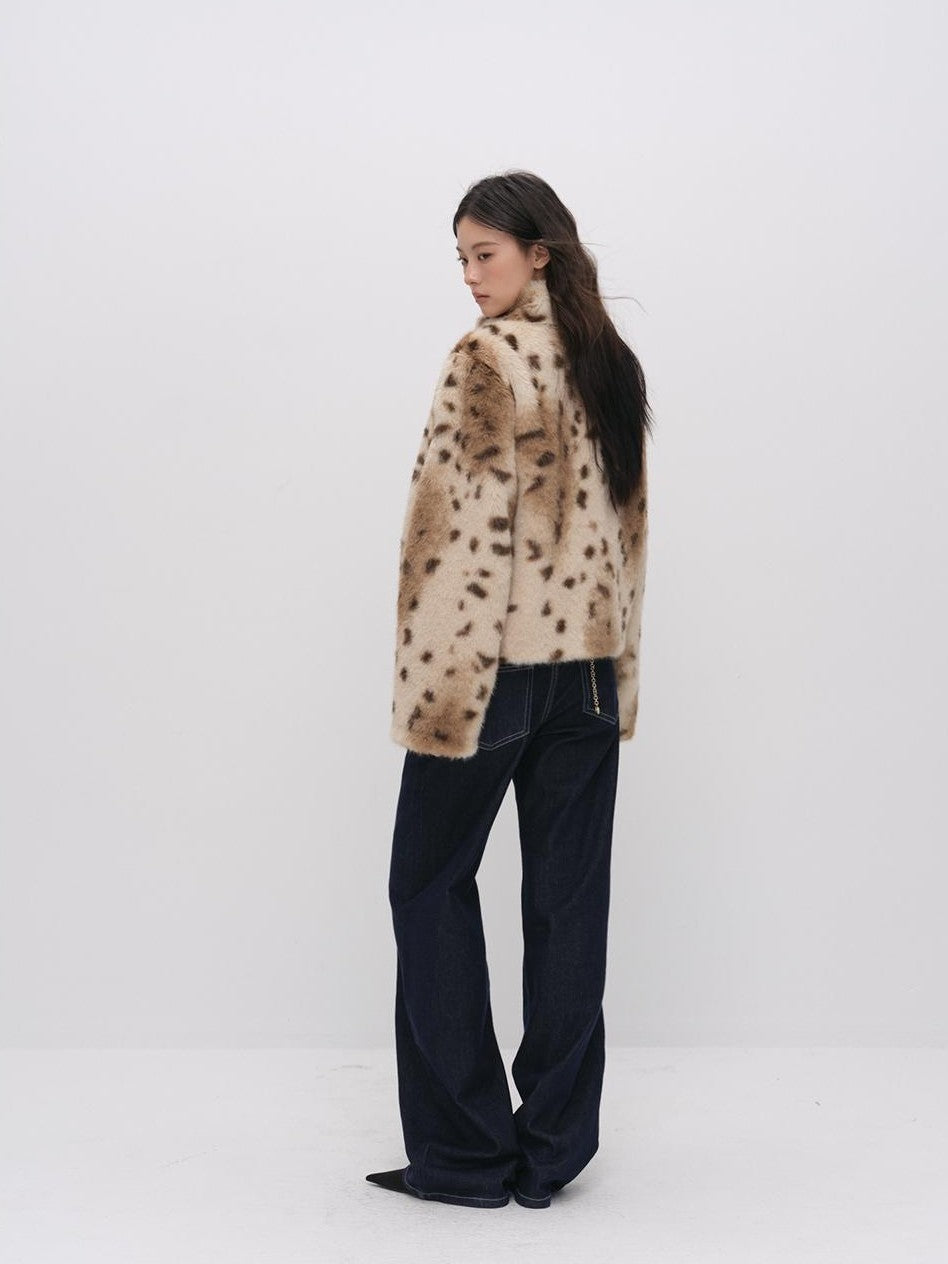 ViaPitti Asymmetric Leopard Print Button Stand Collar Faux Fur Women's Polyester Short Coats