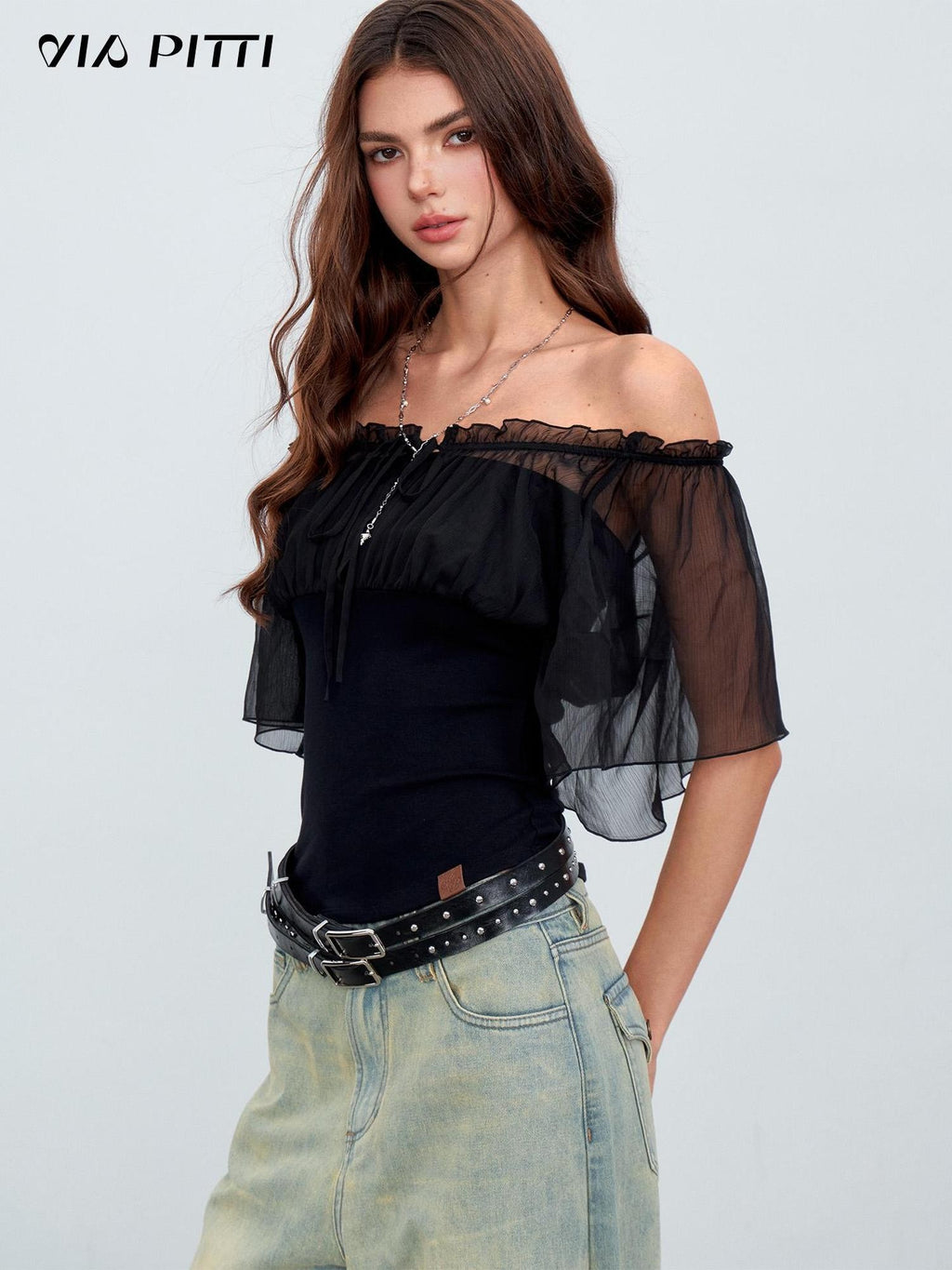 ViaPitti Asymmetric Off Shoulder Ruched Print Women's Short Sleeve T-shirts