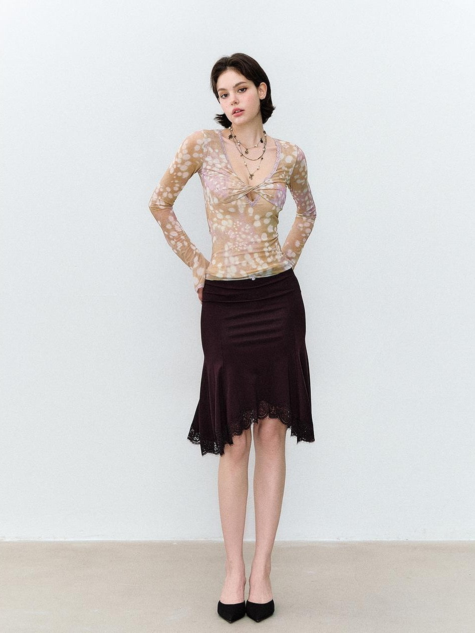 ViaPitti Asymmetric Paneled Lace Mermaid Ruffled Women's Viscose Midi Skirts