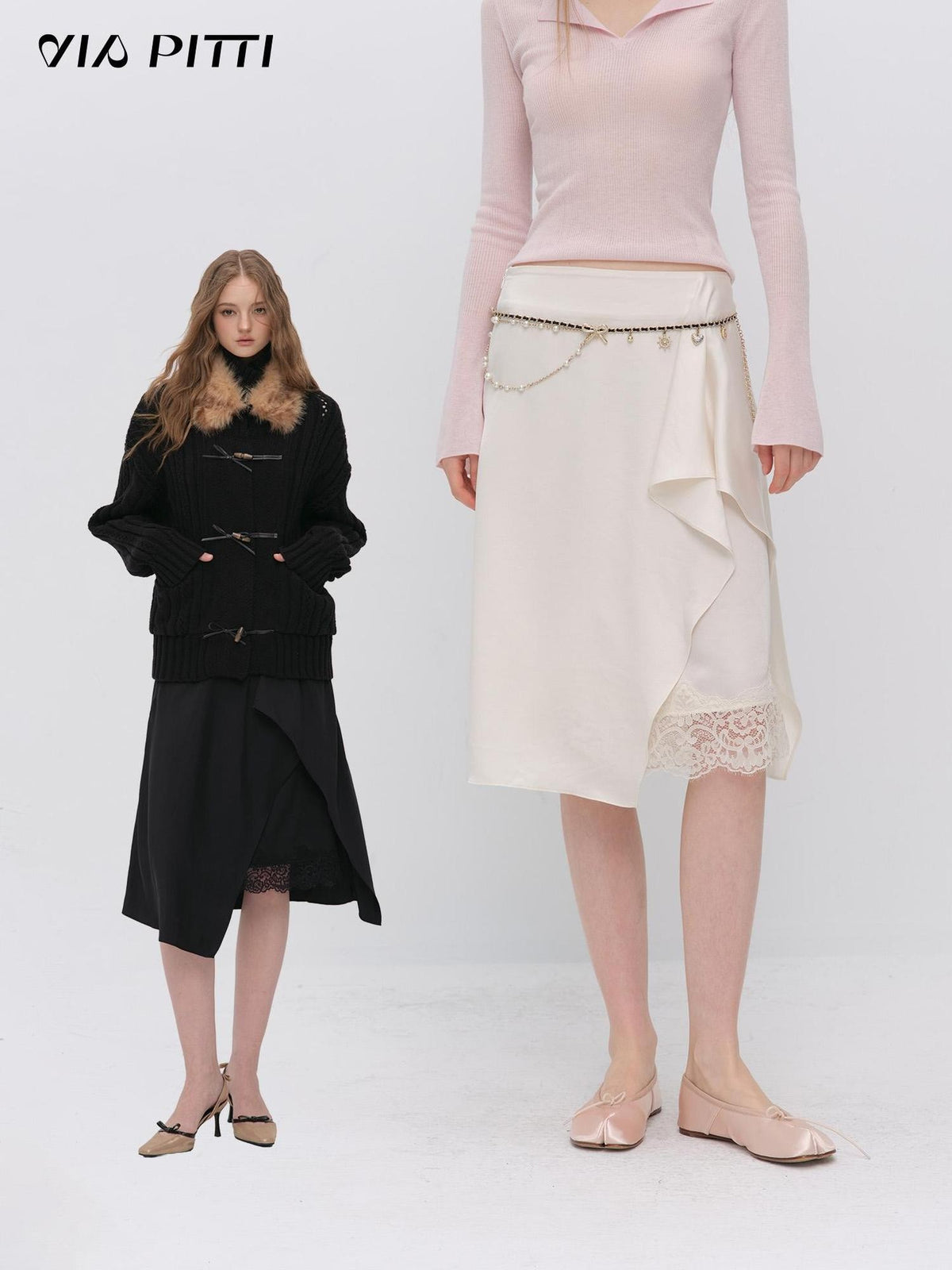 ViaPitti Asymmetric Slit Lace Satin Drape Women's Midi Skirts