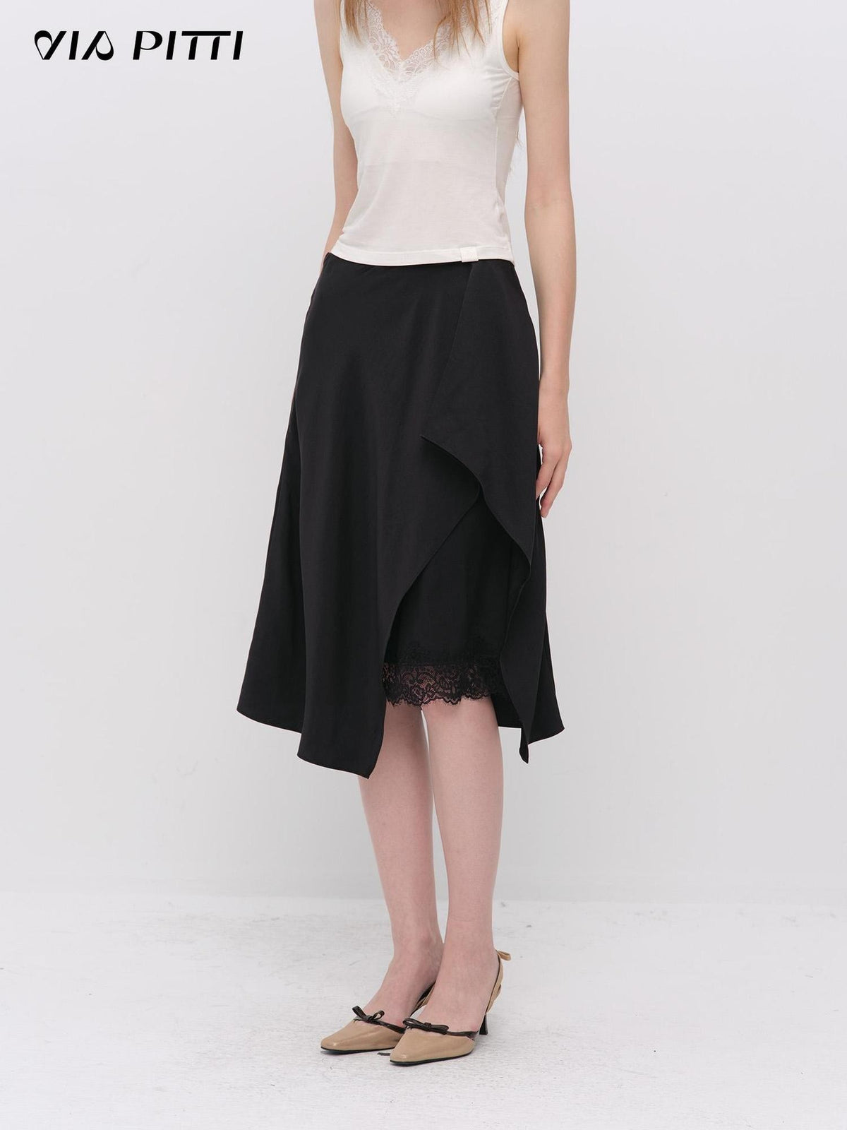 ViaPitti Asymmetric Slit Lace Satin Drape Women's Midi Skirts