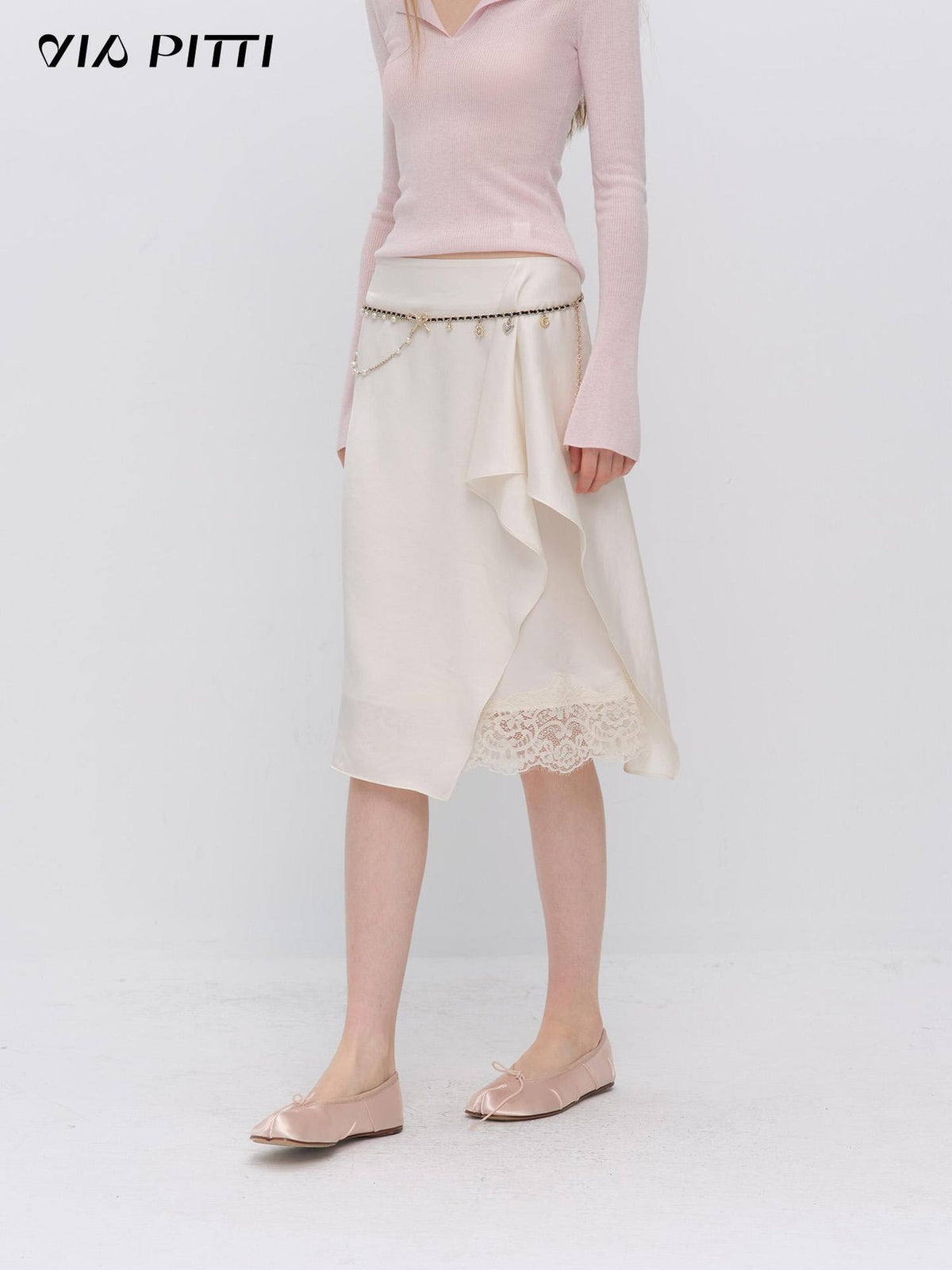 ViaPitti Asymmetric Slit Lace Satin Drape Women's Midi Skirts