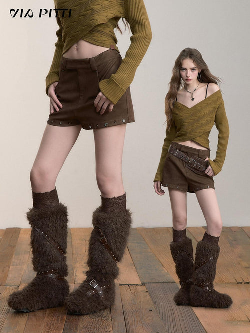 ViaPitti Asymmetric Studded Faux Suede Women's Short Trousers