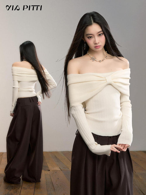 ViaPitti Big Bow Off Shoulder Knit Slim Fit Women's Long Sleeve T-shirts