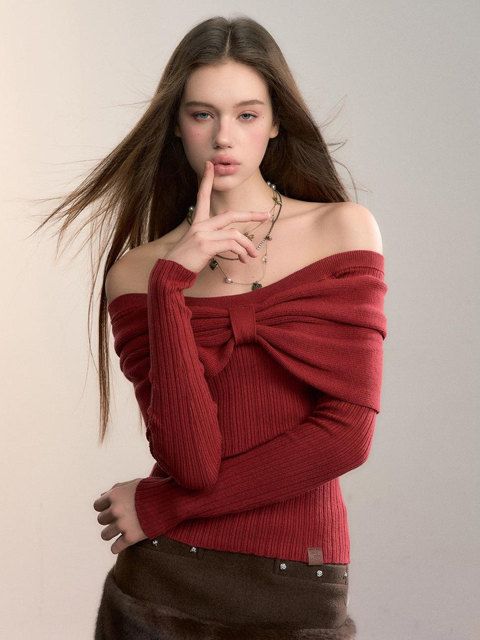 ViaPitti Big Bow Off Shoulder Knit Slim Fit Women's Long Sleeve T-shirts