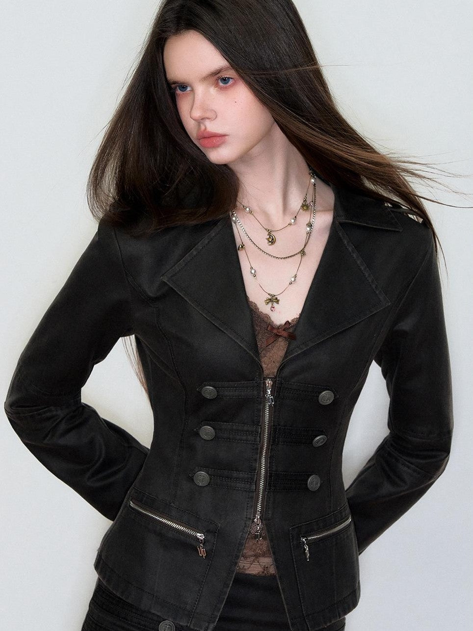 ViaPitti Black Double Breasted Slim Fit Pu Women's Leather Jackets