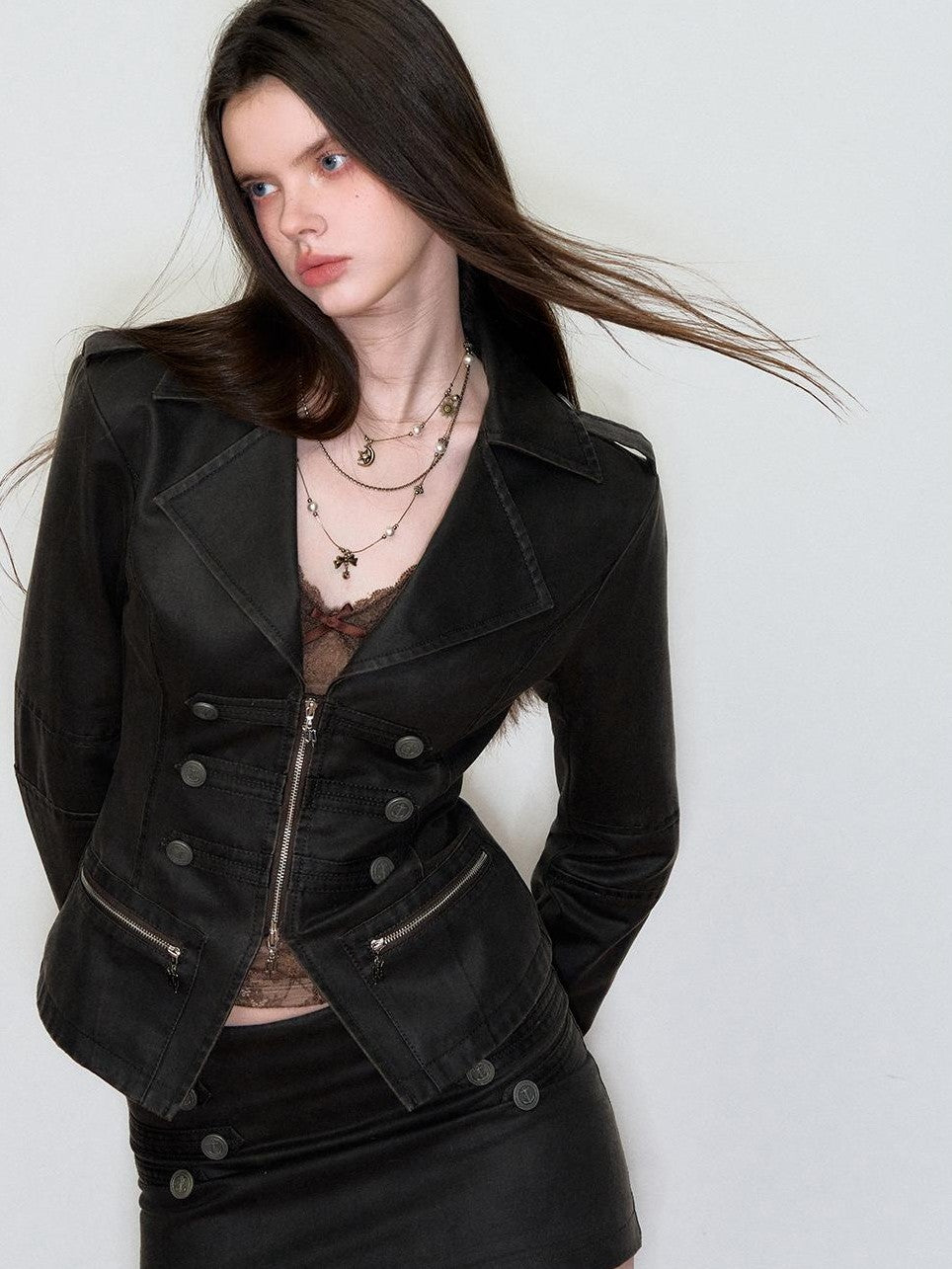 ViaPitti Black Double Breasted Slim Fit Pu Women's Leather Jackets