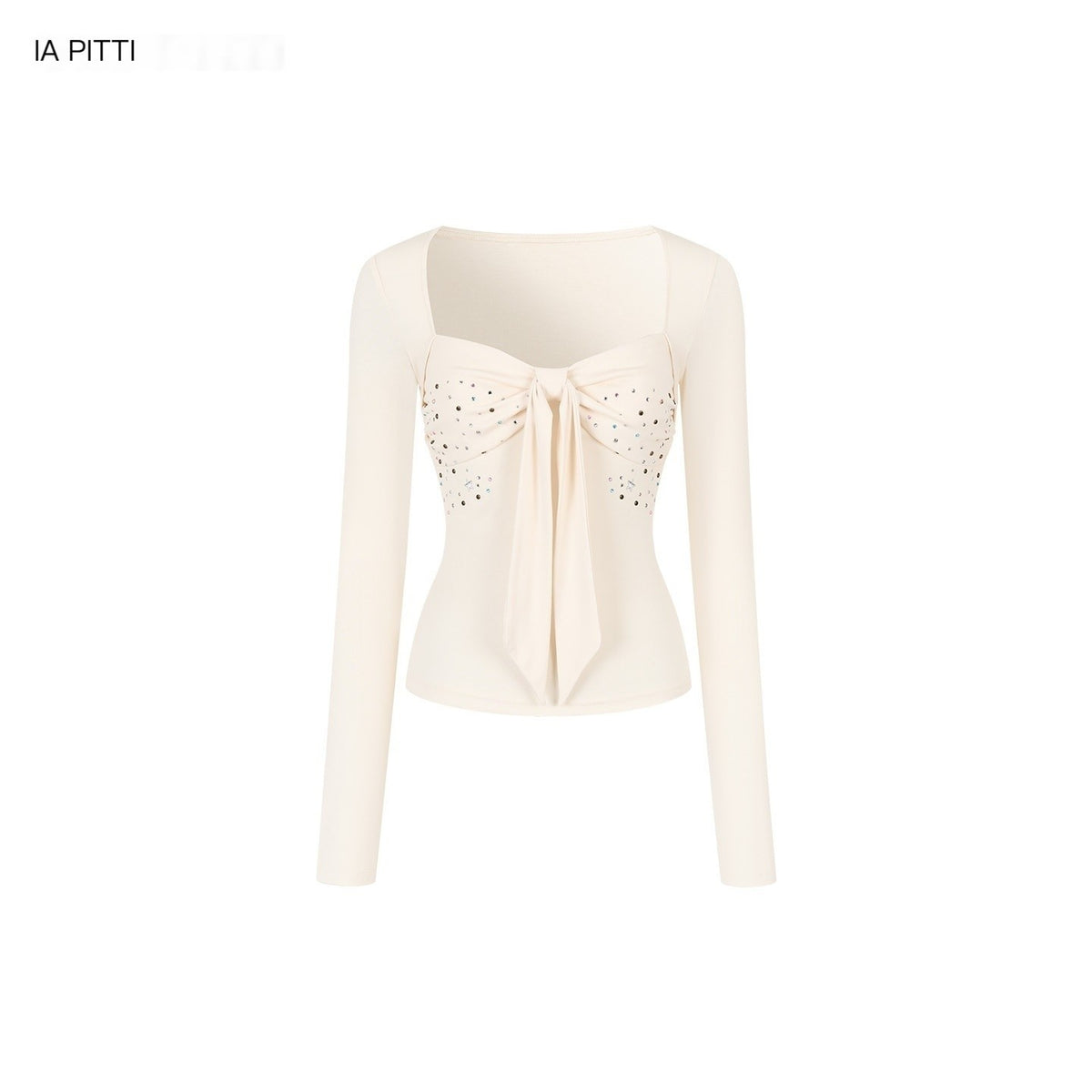 ViaPitti_Bow_Embellished_Rhinestone_U_Neck_Women's_Slim_Fit_Long_Sleeve_T-shirts_967408813766_MISSTT