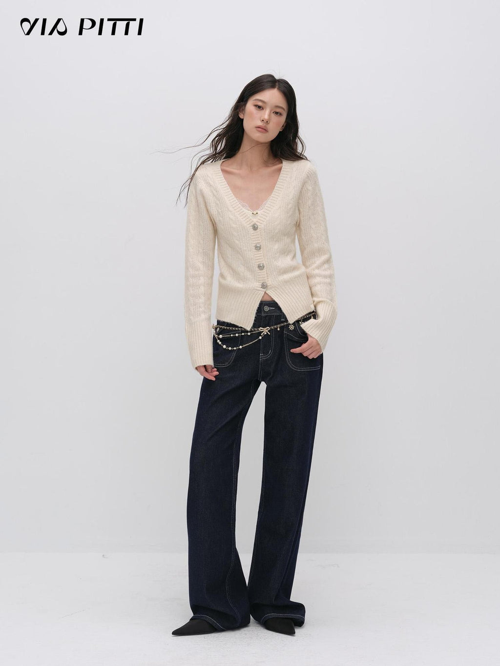 ViaPitti Cable Knit Textured V-neck Button Slim Fit Women's Cardigans