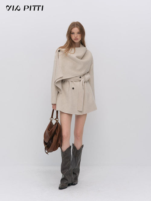 ViaPitti Cape Scarf Belted Waist Cinched Loose Fit Women's Wool Coats