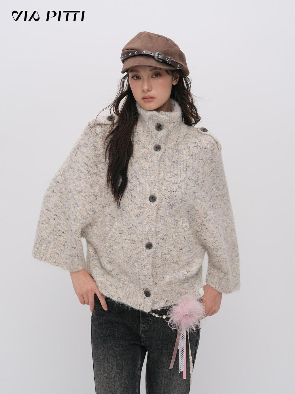 ViaPitti 定制花纱 立领 宽松 长袖 女式 针织开衫毛衣 Cardigans