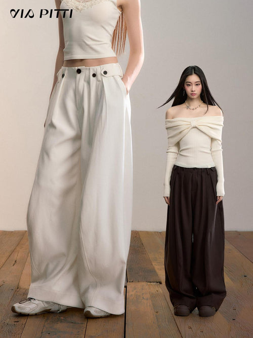 ViaPitti Casual Button Pleated Thick Women's Polyester Wide-leg Pants