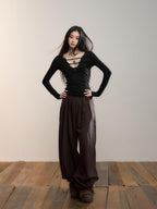 ViaPitti Casual Button Pleated Thick Women's Polyester Wide-leg Pants