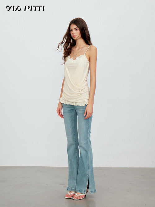 ViaPitti Casual Lace Spliced Ruffle Cross Draped Neck Women's Polyester Camisoles