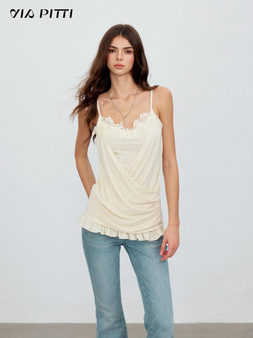 ViaPitti Casual Lace Spliced Ruffle Cross Draped Neck Women's Polyester Camisoles
