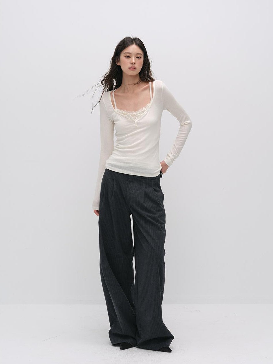 ViaPitti Casual Pleated Vertical Stripe Double Button Women's Wide-leg Pants