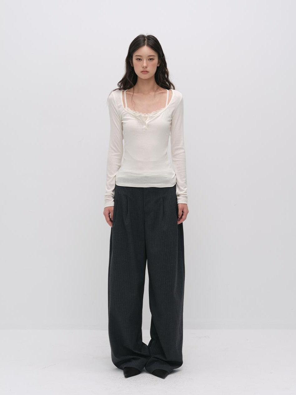 ViaPitti Casual Pleated Vertical Stripe Double Button Women's Wide-leg Pants