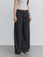 ViaPitti Casual Pleated Vertical Stripe Double Button Women's Wide-leg Pants
