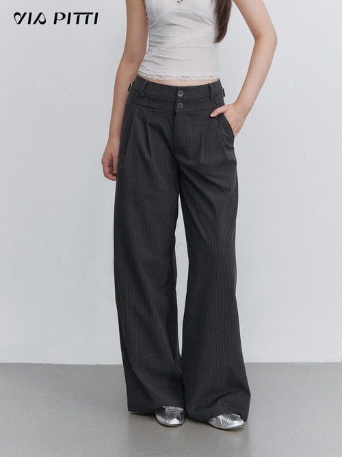 ViaPitti Casual Pleated Vertical Stripe Double Button Women's Wide-leg Pants