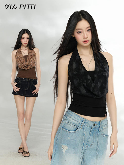 ViaPitti Chain Draped Halter Neck Cinched Waist Women's Polyester Tank Tops