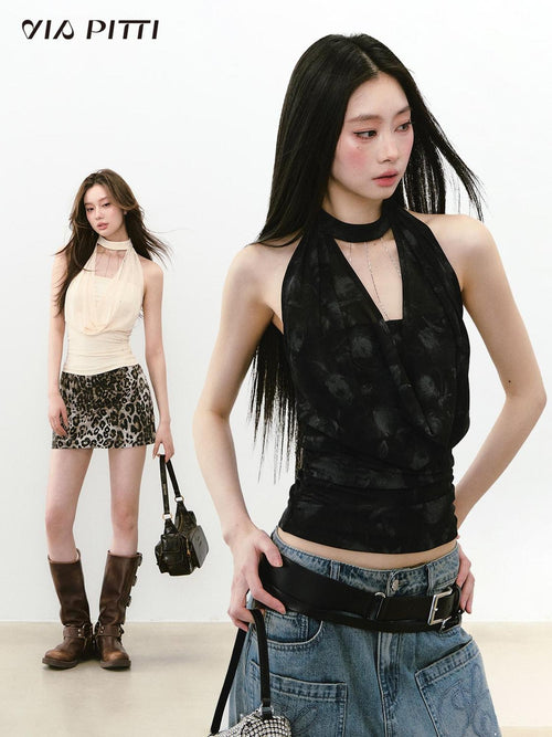 ViaPitti Chain Draped Halter Neck Cinched Waist Women's Polyester Tank Tops
