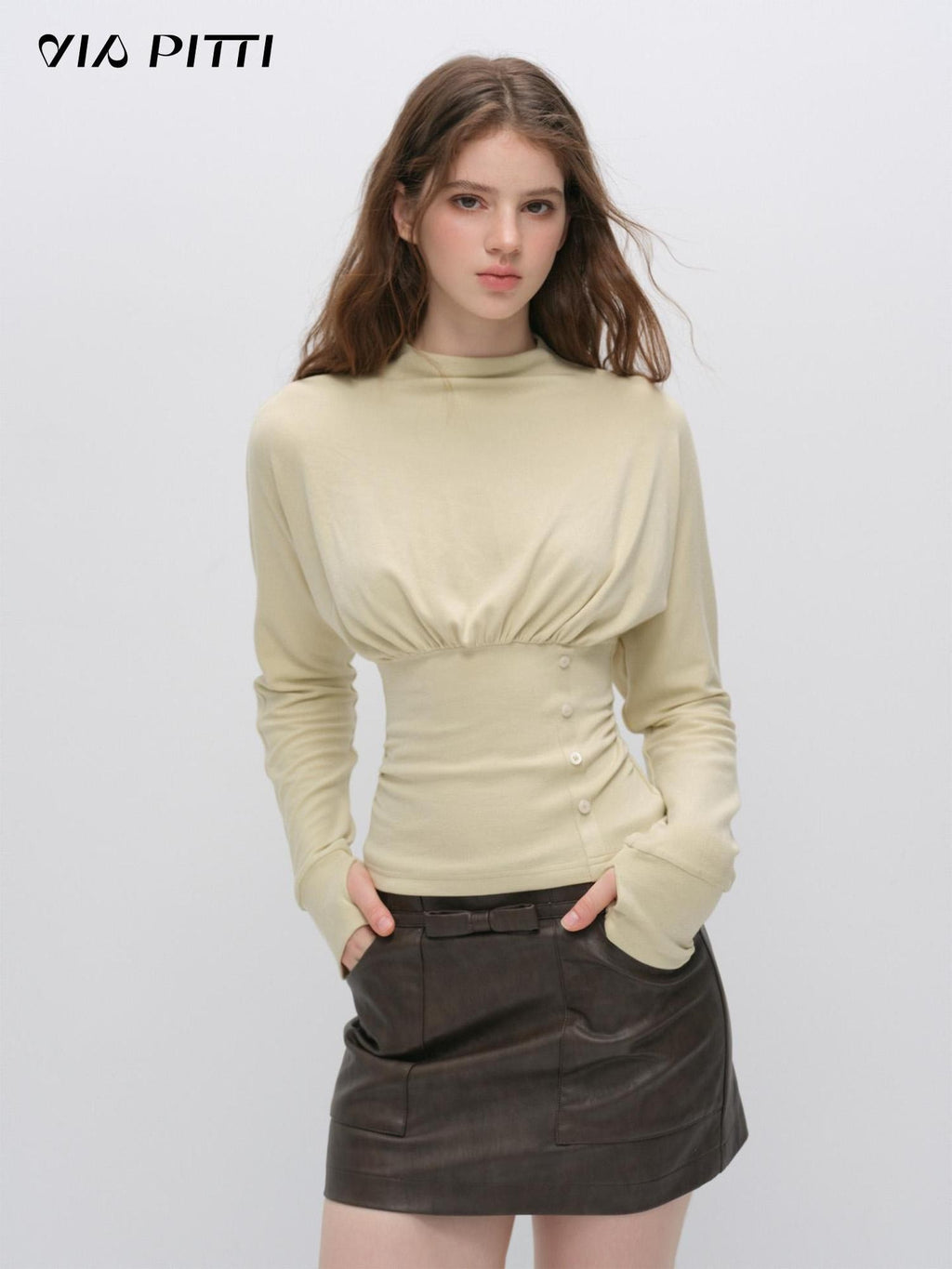 ViaPitti Cinched Waist Pleated Side Button Half High Neck Women's Knit Long Sleeve T-shirts