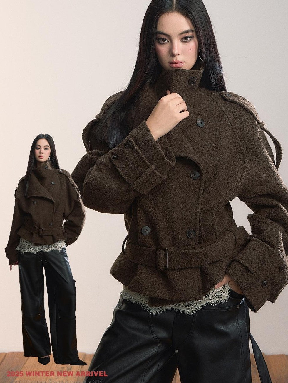 ViaPitti Color Block Double Breasted Belted Women's Wool Blend Wool Coats